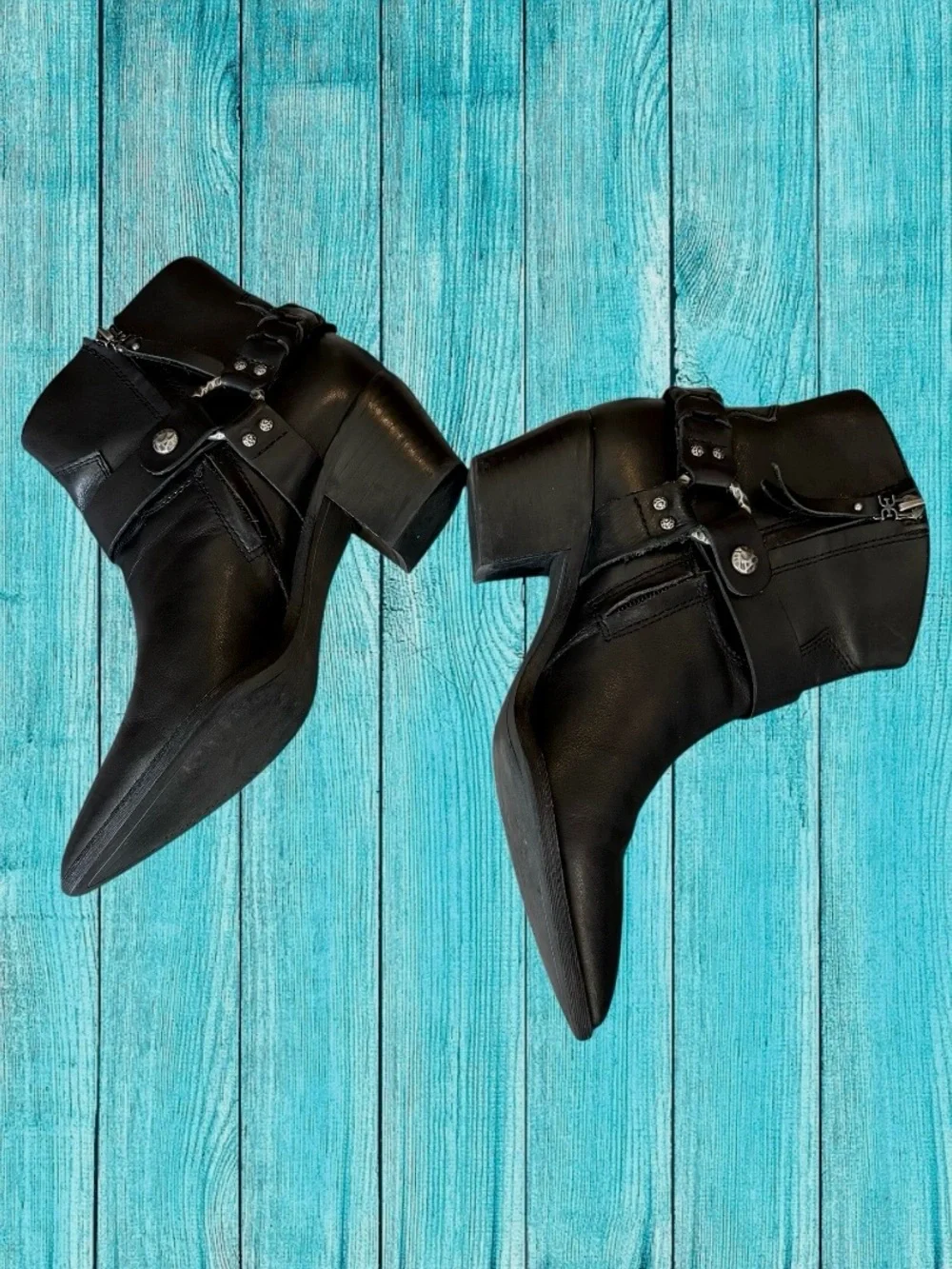 Sam Edelman Riker Vaquero Saddle Black Leather Pointed Toe Harness Ankle Boots